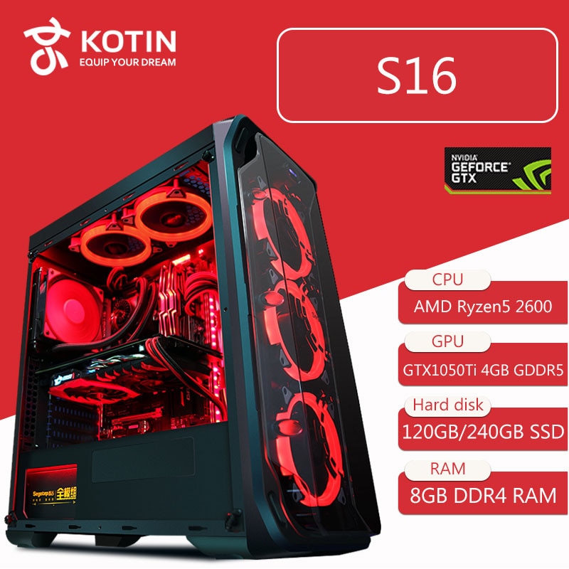 KOTIN S16 Desktop Computer Gaming PC AMD Ryzen5 2600 120GB 240G SSD PUBG PC 400W PSU 5 Red LED Fans Remote Control Light Bar